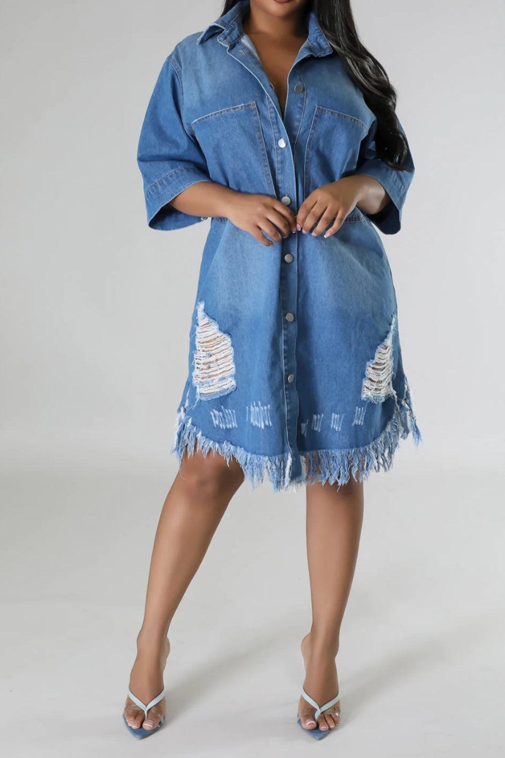 Distressed Raw Hem Button Up Denim Dress - ClubOn