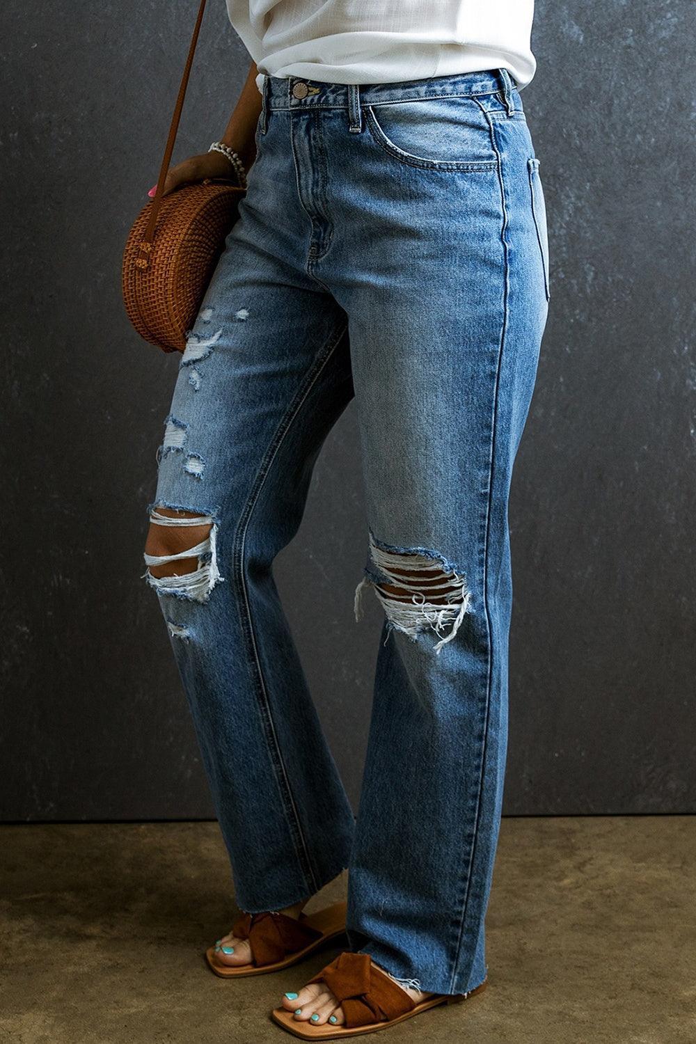 Distressed Raw Hem Jeans with Pockets - ClubOn