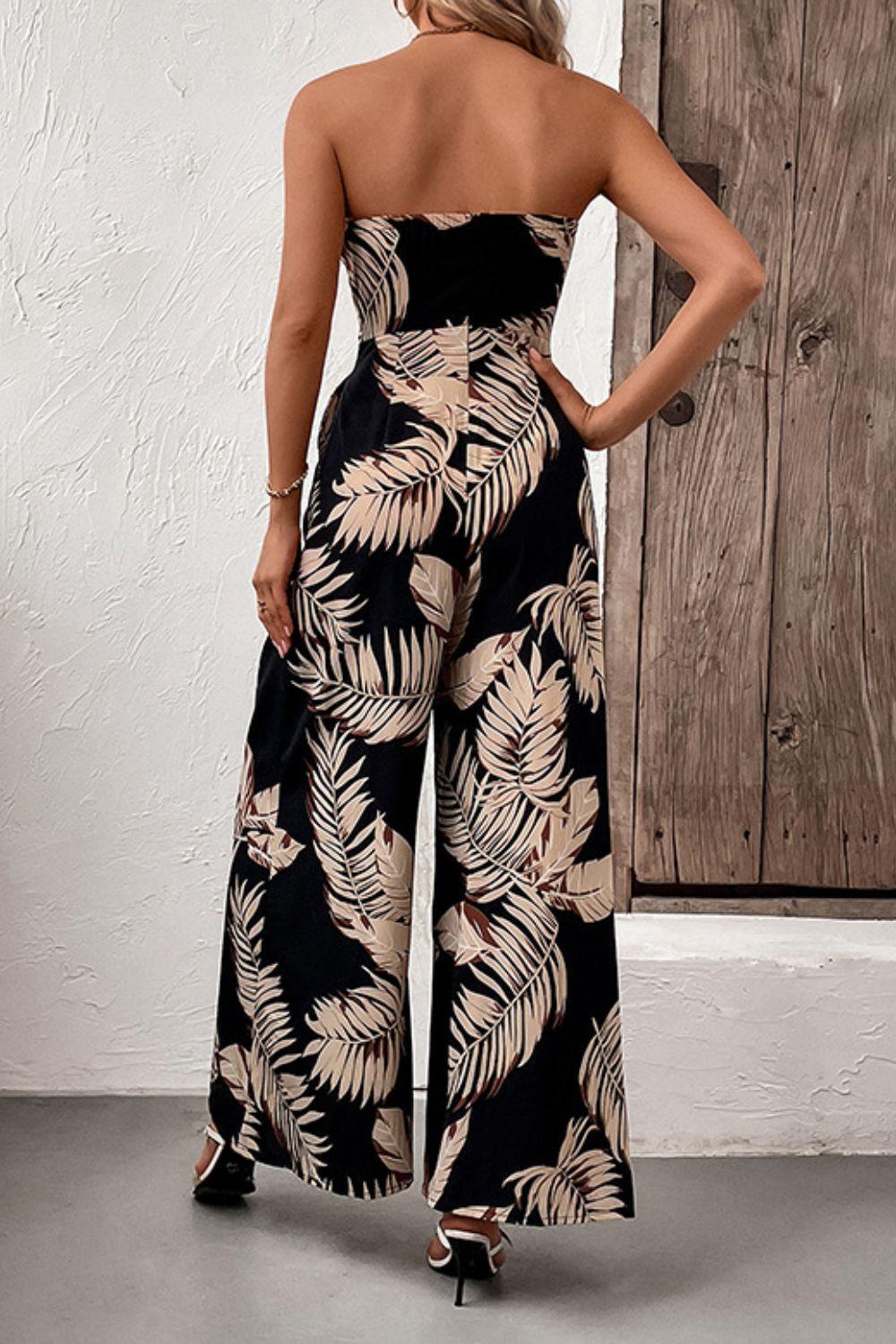 Perfee Printed Strapless Wide Leg Jumpsuit with Pockets - ClubOn