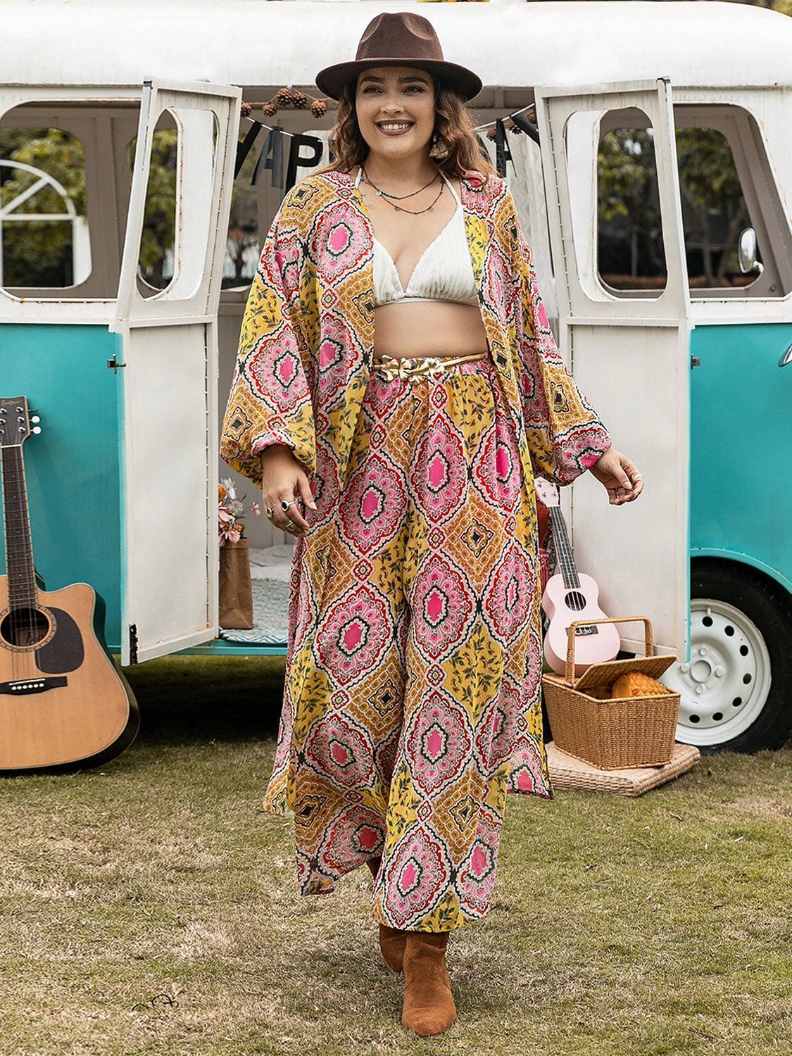 Plus Size Printed Open Front Cover Up and Pants Set - ClubOn
