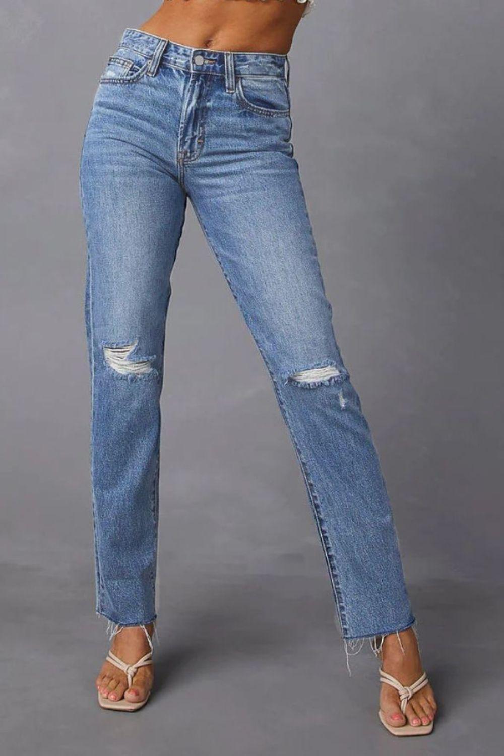 Distressed Raw Hem Straight Jeans with Pockets - ClubOn
