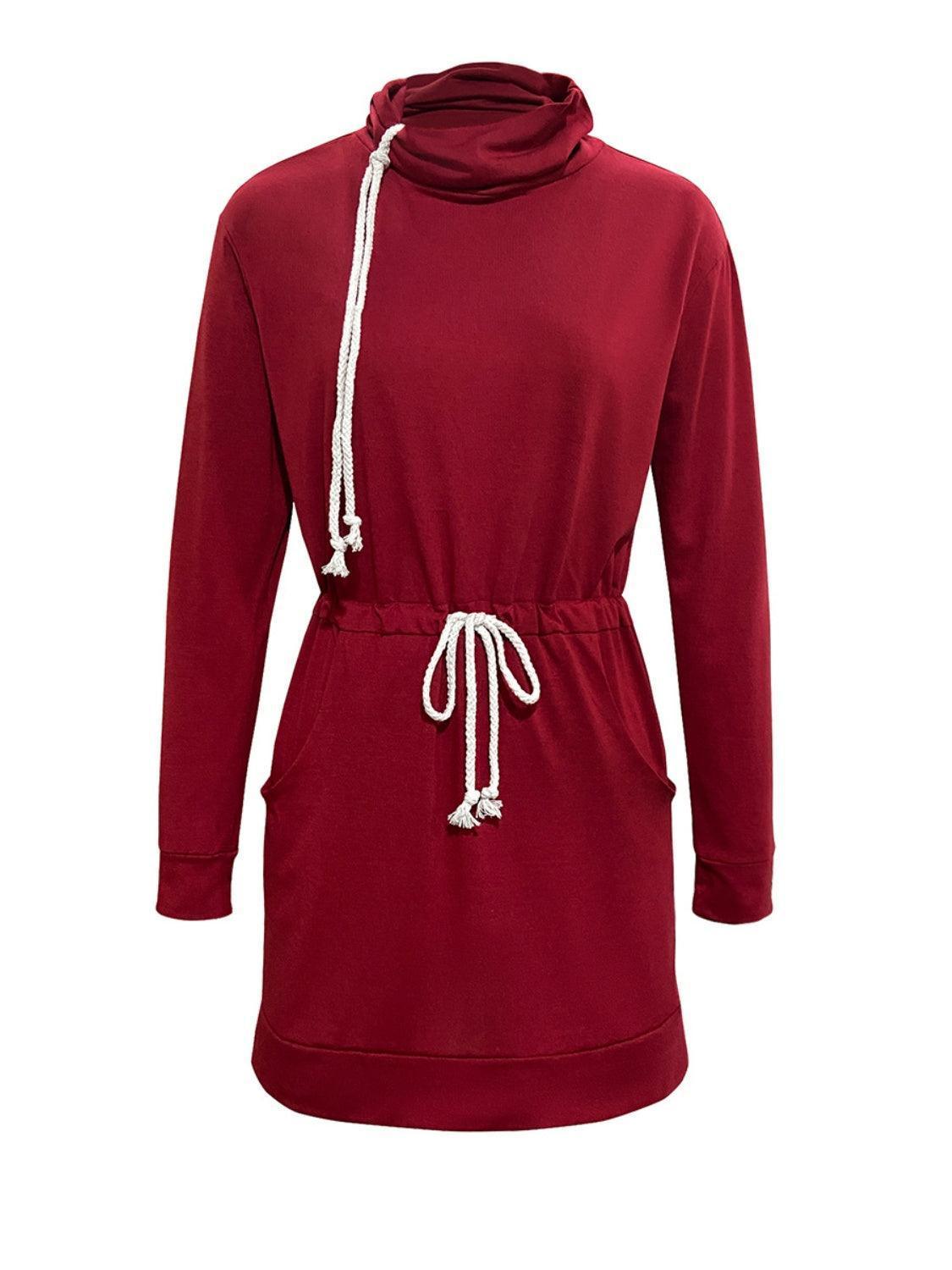 Drawstring Turtleneck Long Sleeve Mini Dress - ClubOn