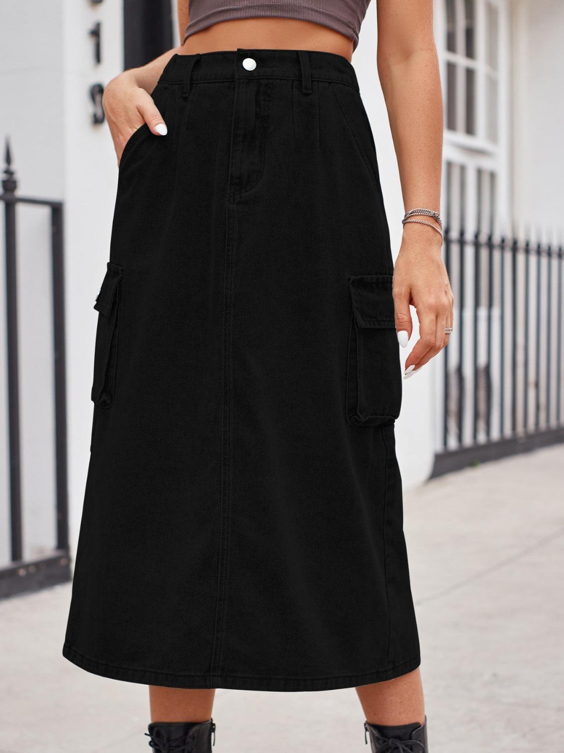Slit Buttoned Denim Skirt with Pockets - ClubOn