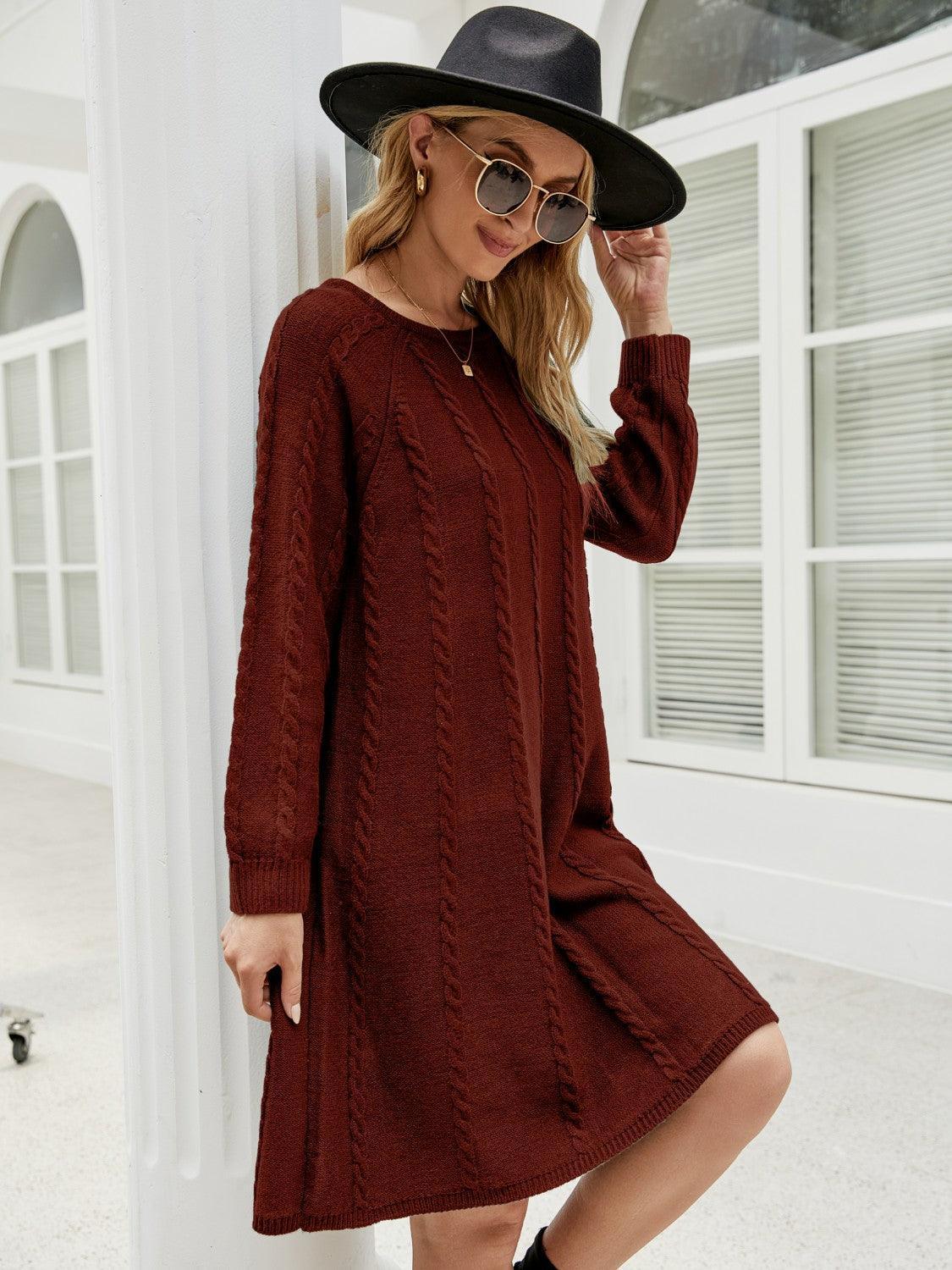 Cable-Knit Long Sleeve Sweater Dress - ClubOn