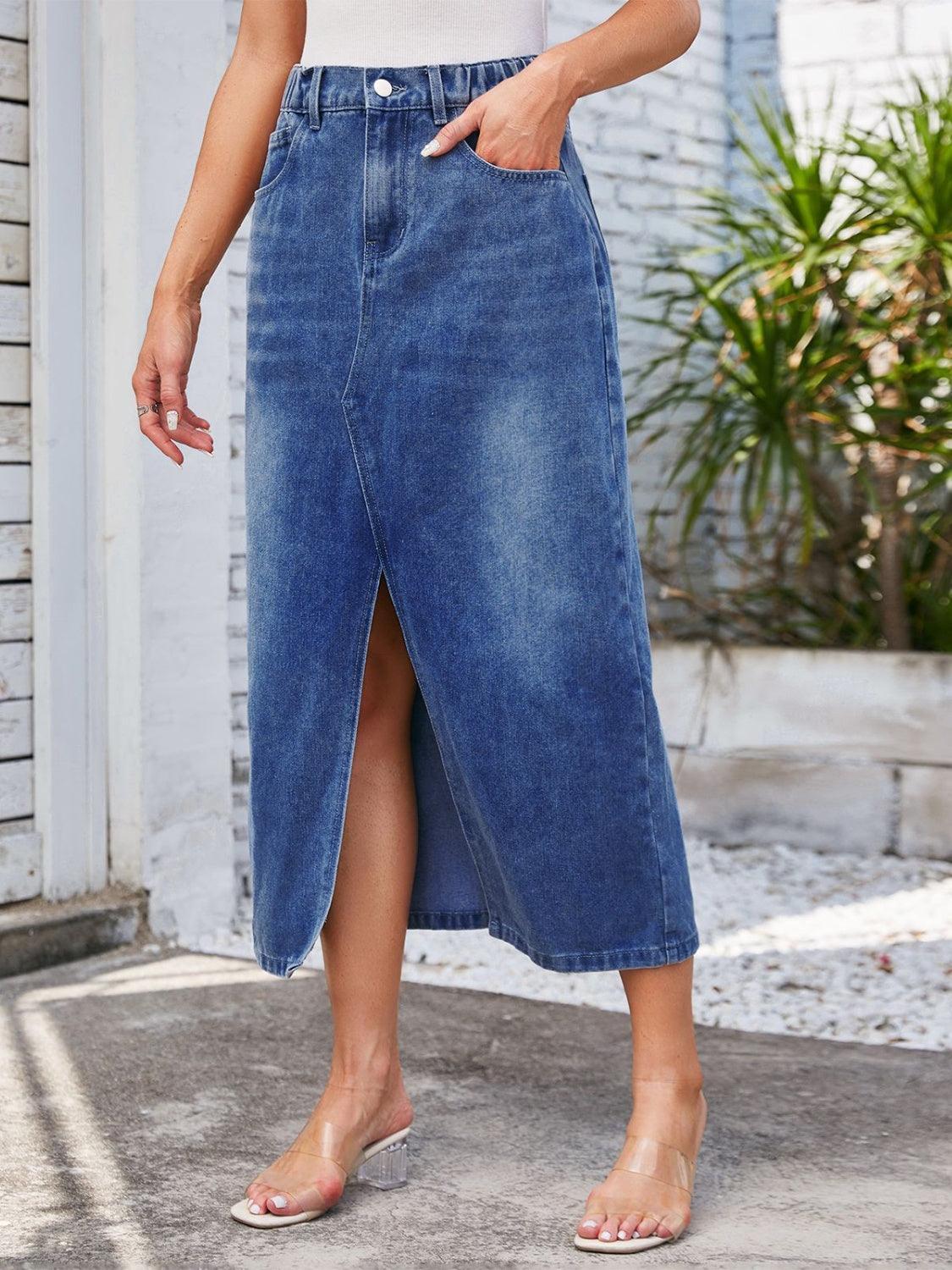 Slit Midi Denim Skirt with Pockets - ClubOn