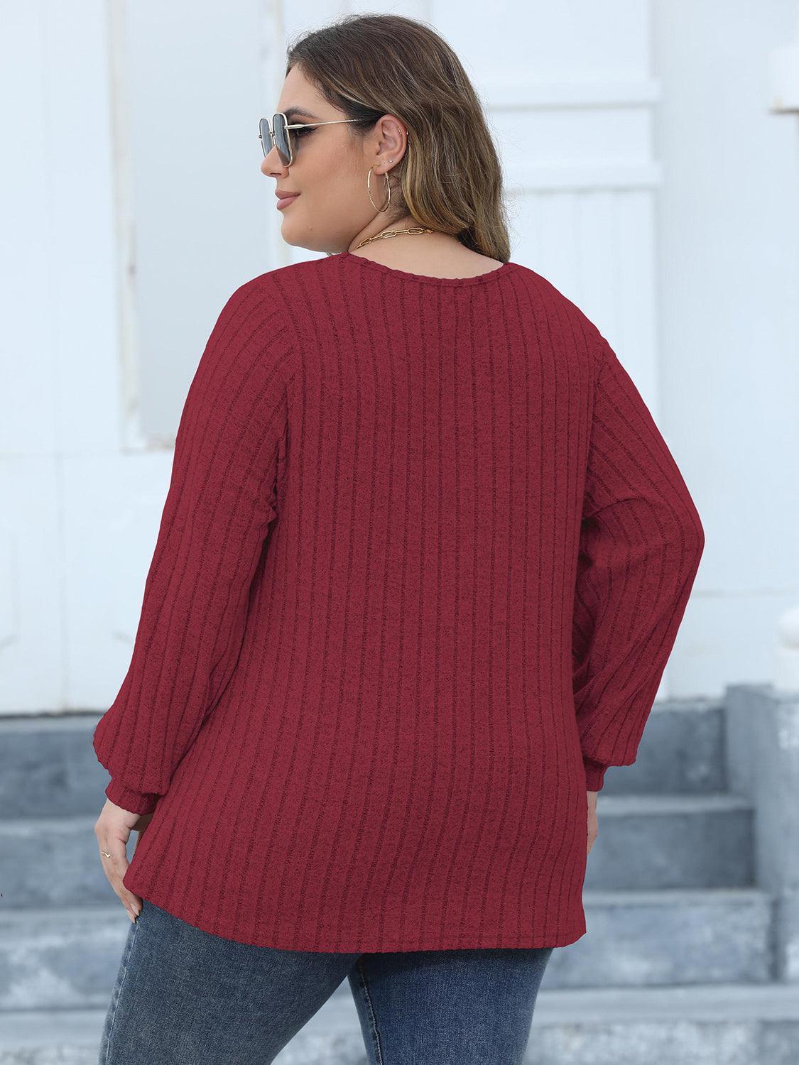 Plus Size Ribbed V-Neck Long Sleeve Top - ClubOn