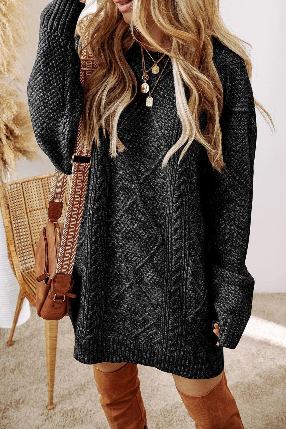 Cable-Knit Round Neck Sweater Dress - ClubOn