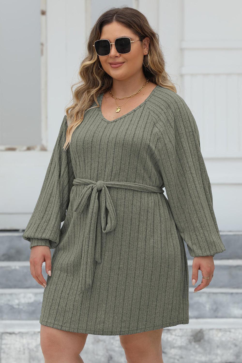 Plus Size Ribbed Tie Front Long Sleeve Sweater Dress - ClubOn
