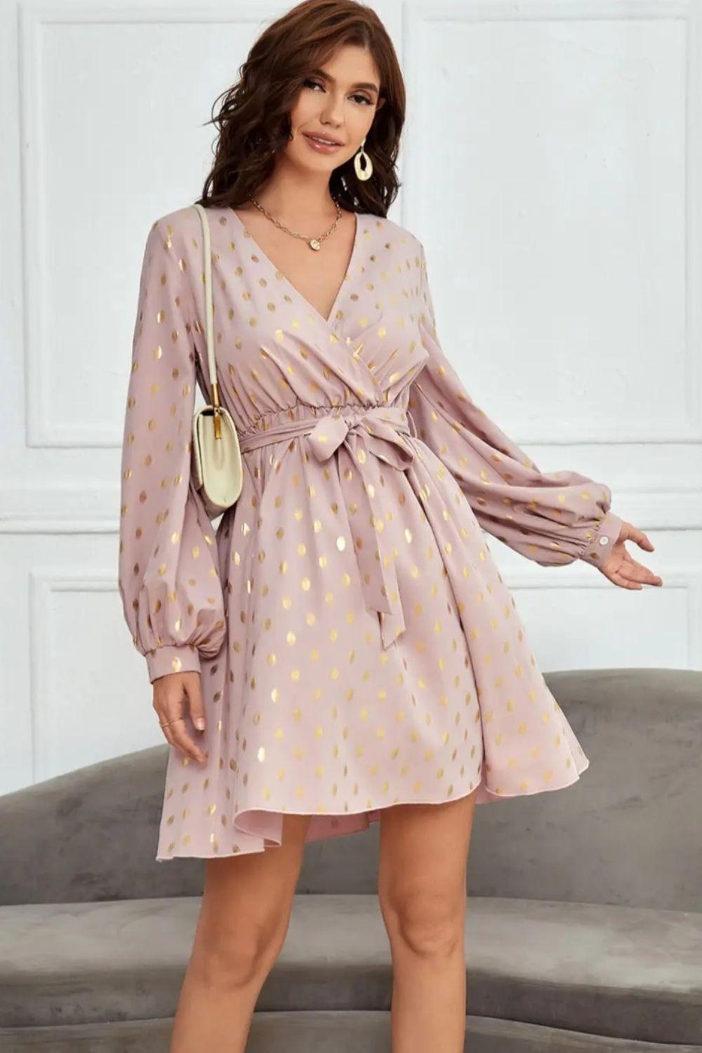 Tied Printed Surplice Long Sleeve Dress - ClubOn