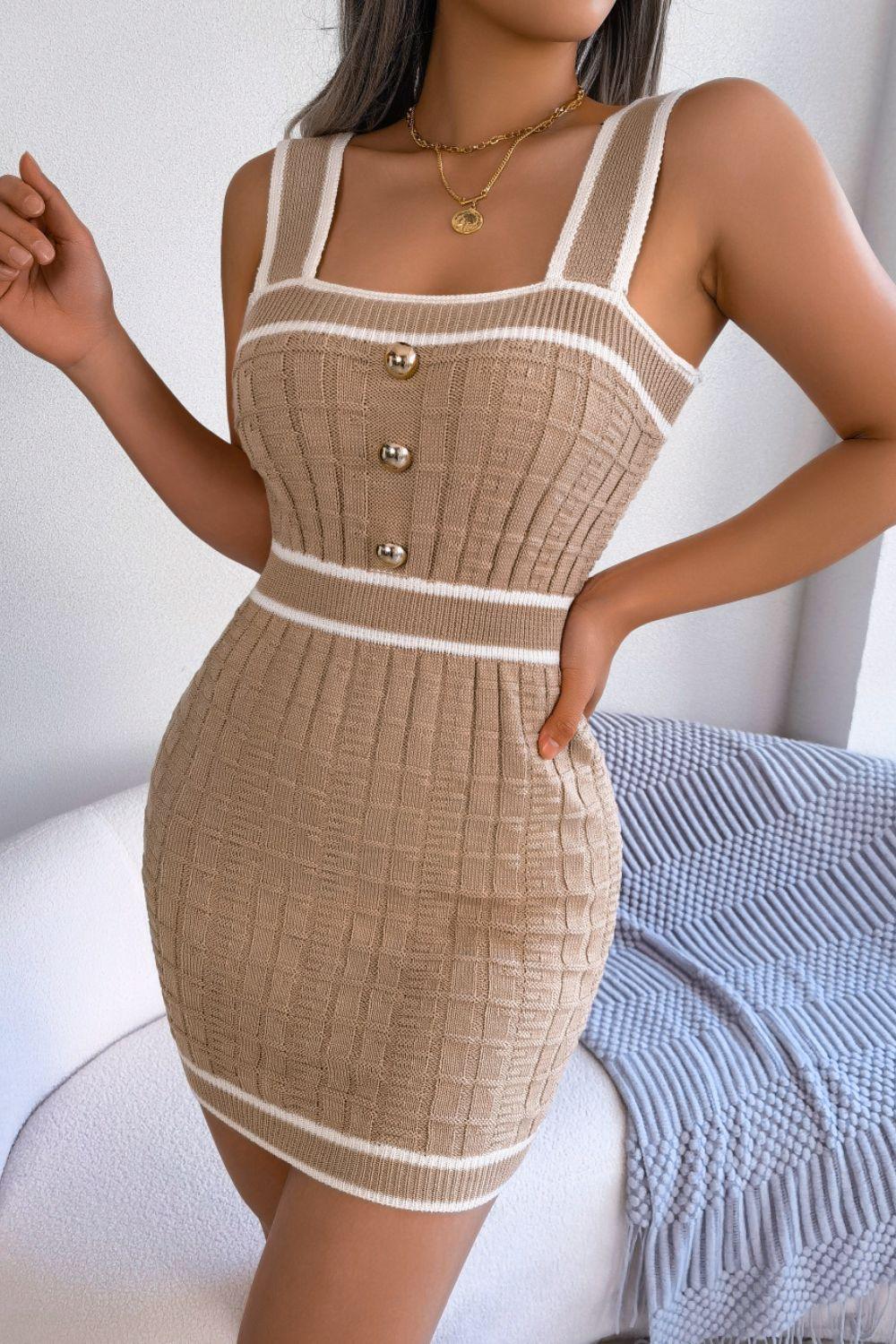 Contrast Trim Decorative Button Sleeveless Knit Dress - ClubOn