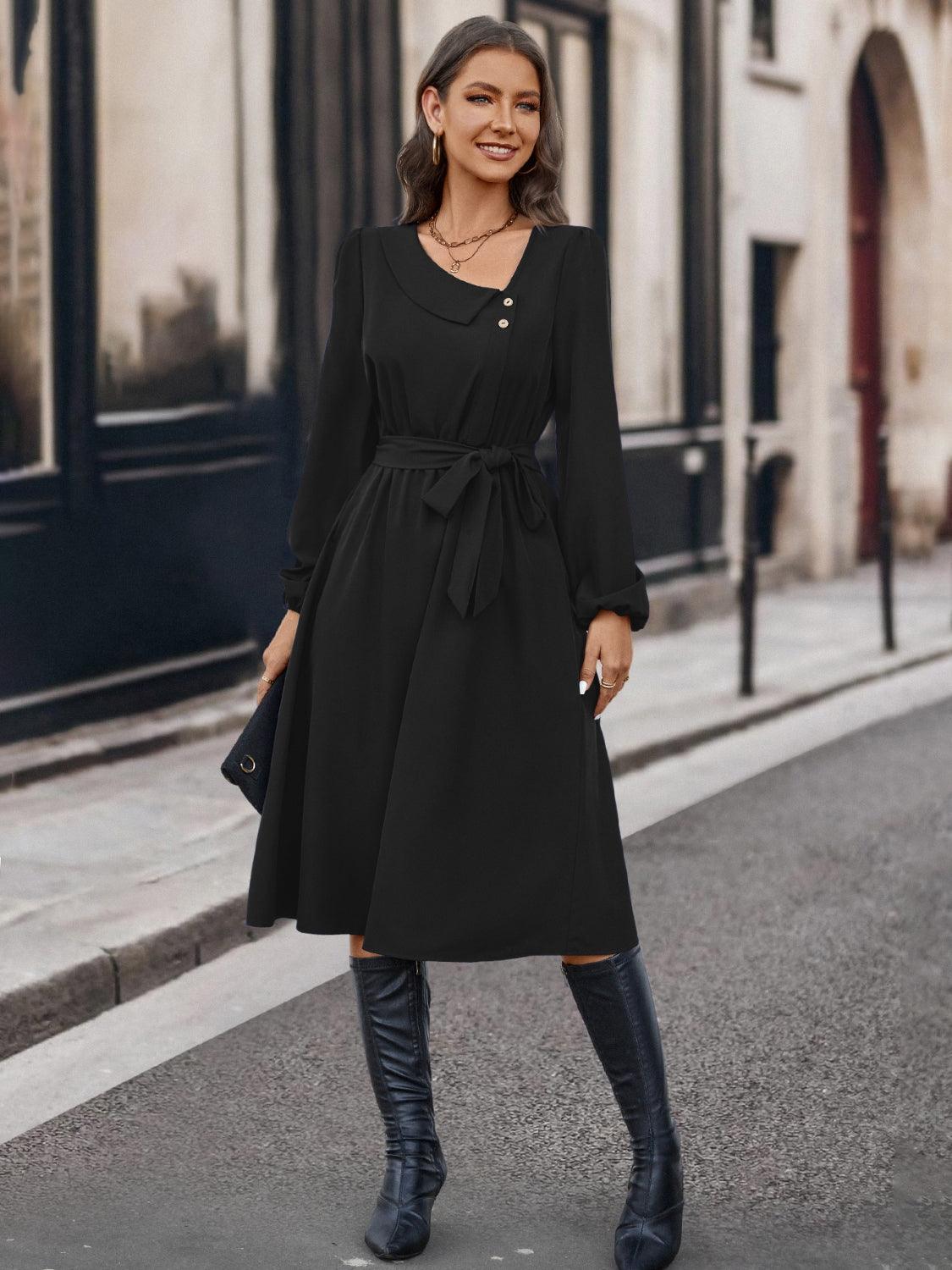 Buttoned Tie Front Long Sleeve Asymmetrical Neck Dress - ClubOn