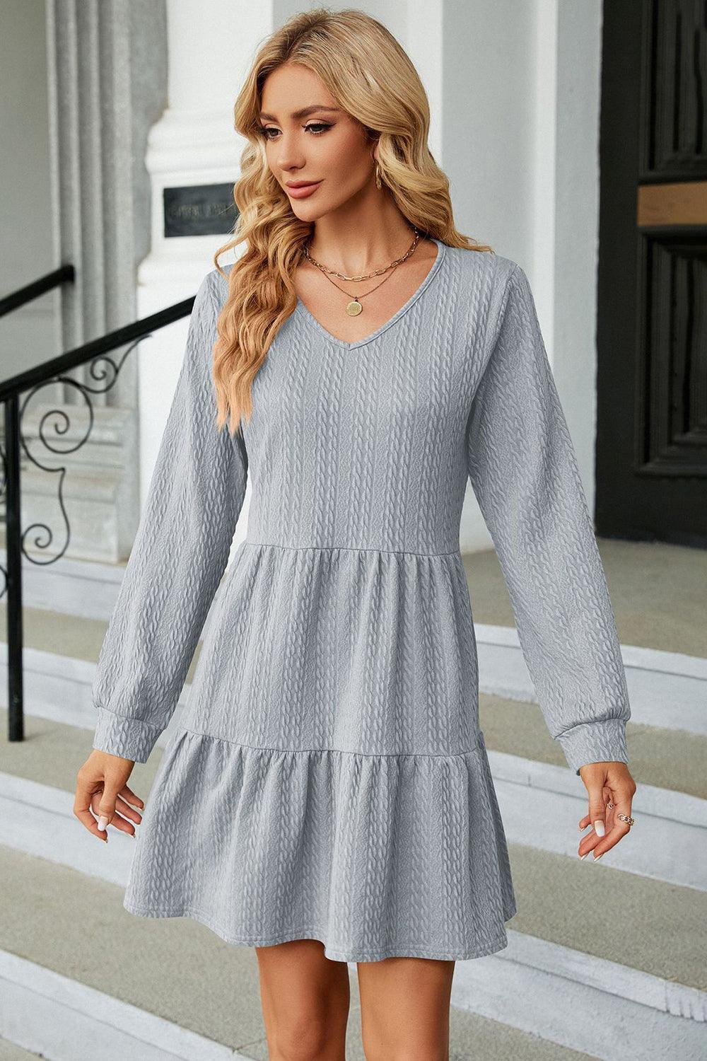 V-Neck Long Sleeve Mini Dress - ClubOn