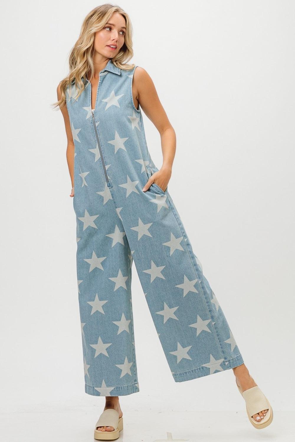BiBi Star Print Half Zip Sleeveless Denim Jumpsuit - ClubOn