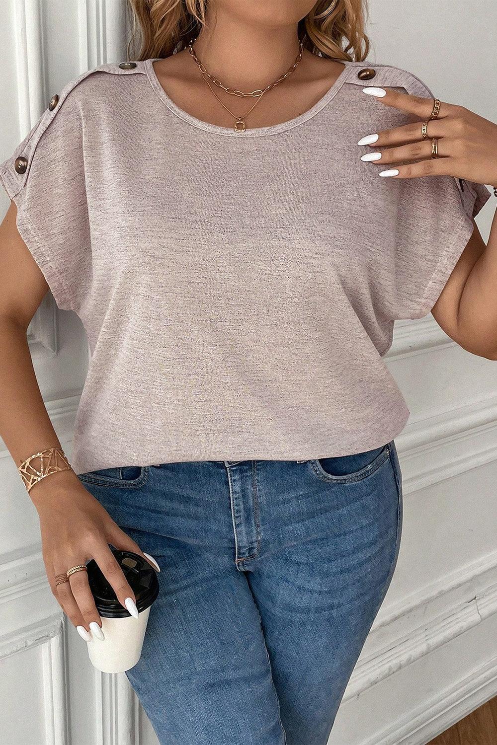 Plus Size Decorative Button Round Neck Short Sleeve T-Shirt - ClubOn