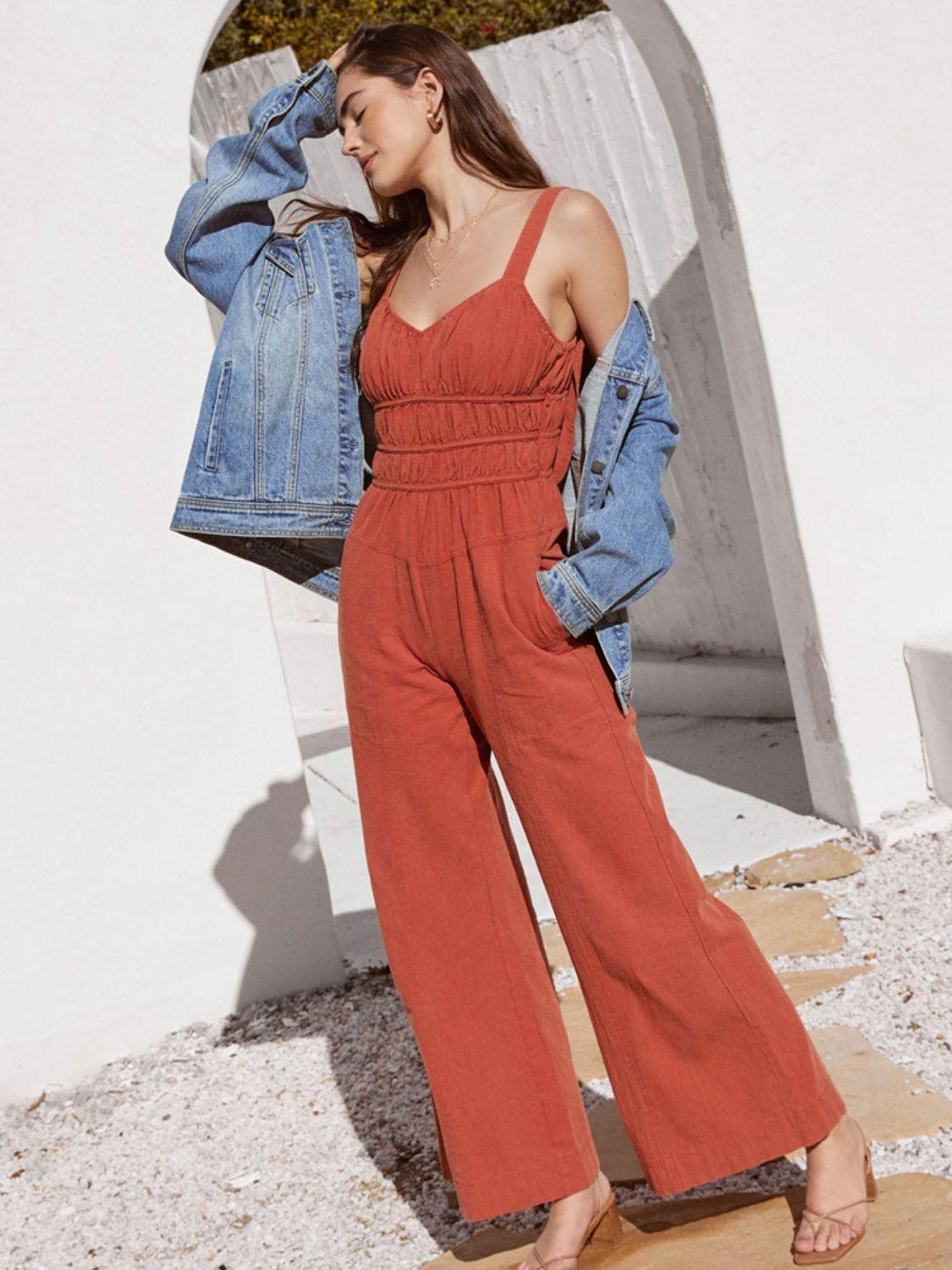 Perfee Ruched Wide Strap Jumpsuit with Pockets - ClubOn