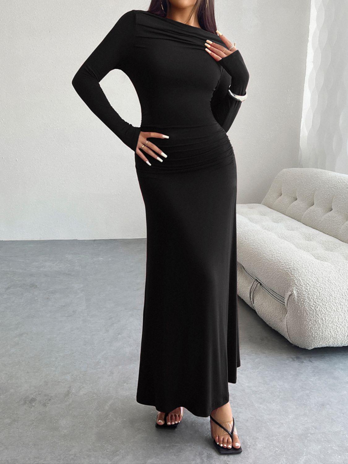 Devine Ruched Long Sleeve Maxi Dress - ClubOn