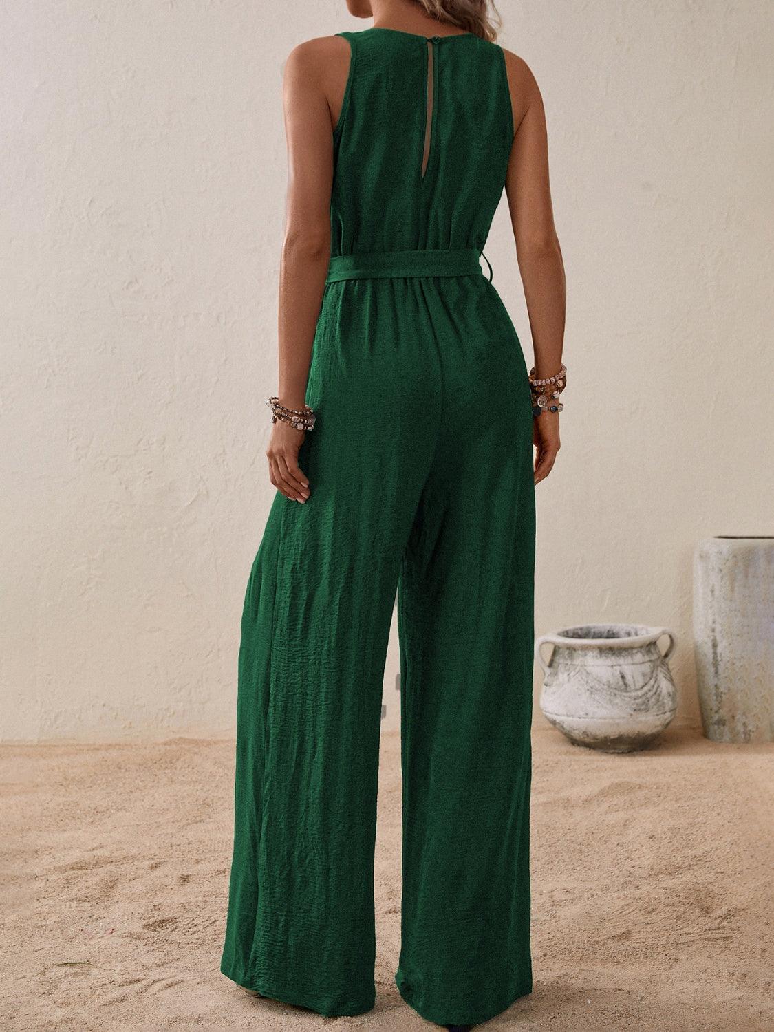Honey Tied Surplice Sleeveless Wide Leg Jumpsuit - ClubOn