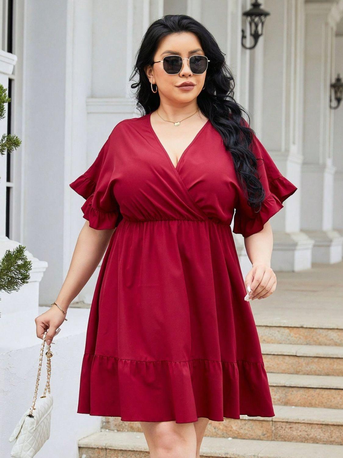Plus Size Ruched Surplice Flounce Sleeve Mini Dress - ClubOn