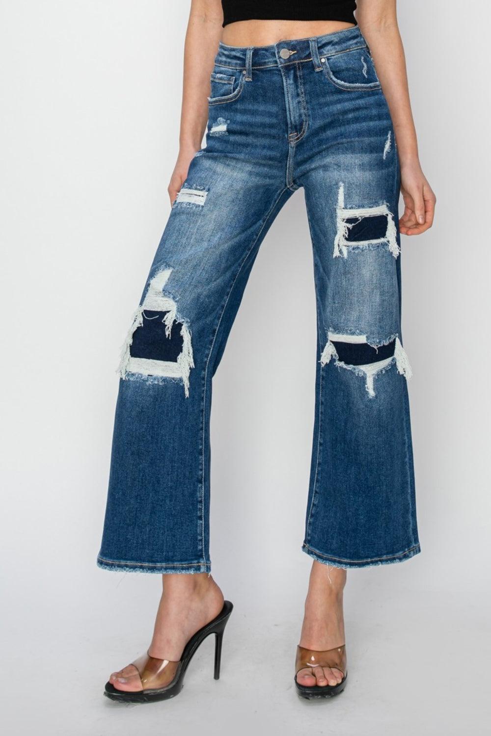 Risen Full Size High Rise Patch Detailed Wide Leg Crop Jeans - ClubOn