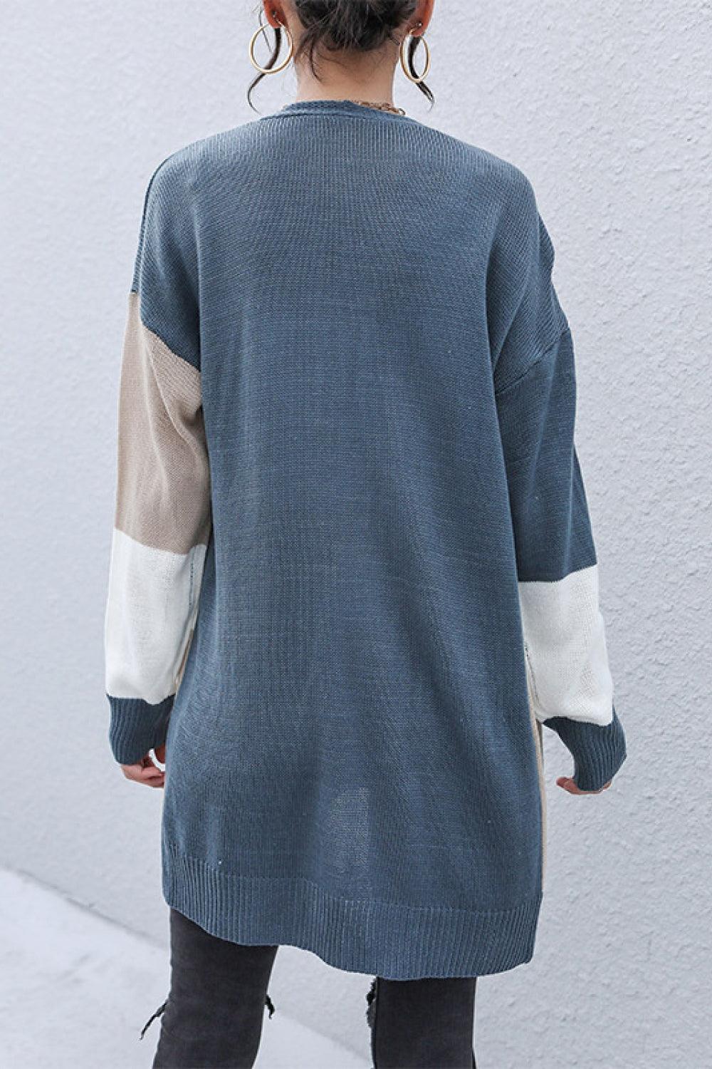 Perfee Color Block Dropped Shoulder Cardigan - ClubOn