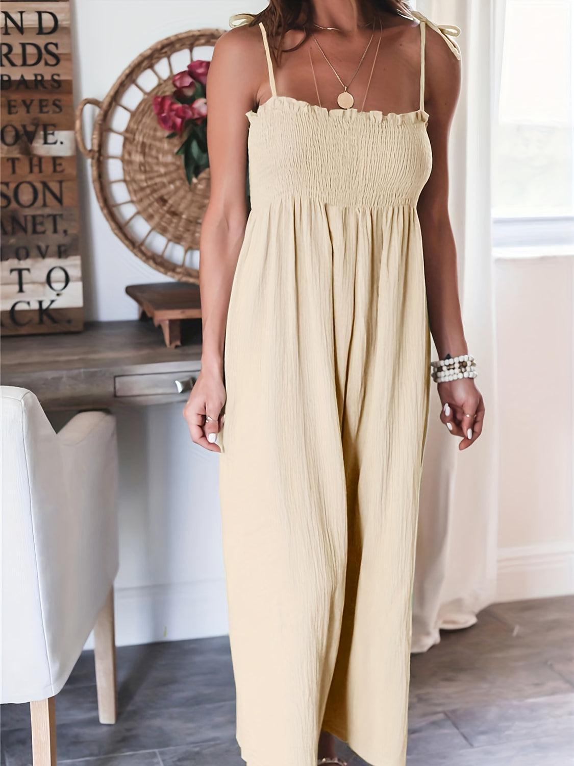 Full Size Smocked Spaghetti Strap Wide Leg Jumpsuit - ClubOn