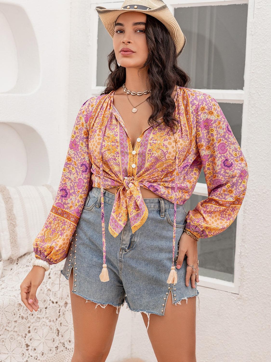Plus Size Tie Neck Tassel Printed Blouse - ClubOn