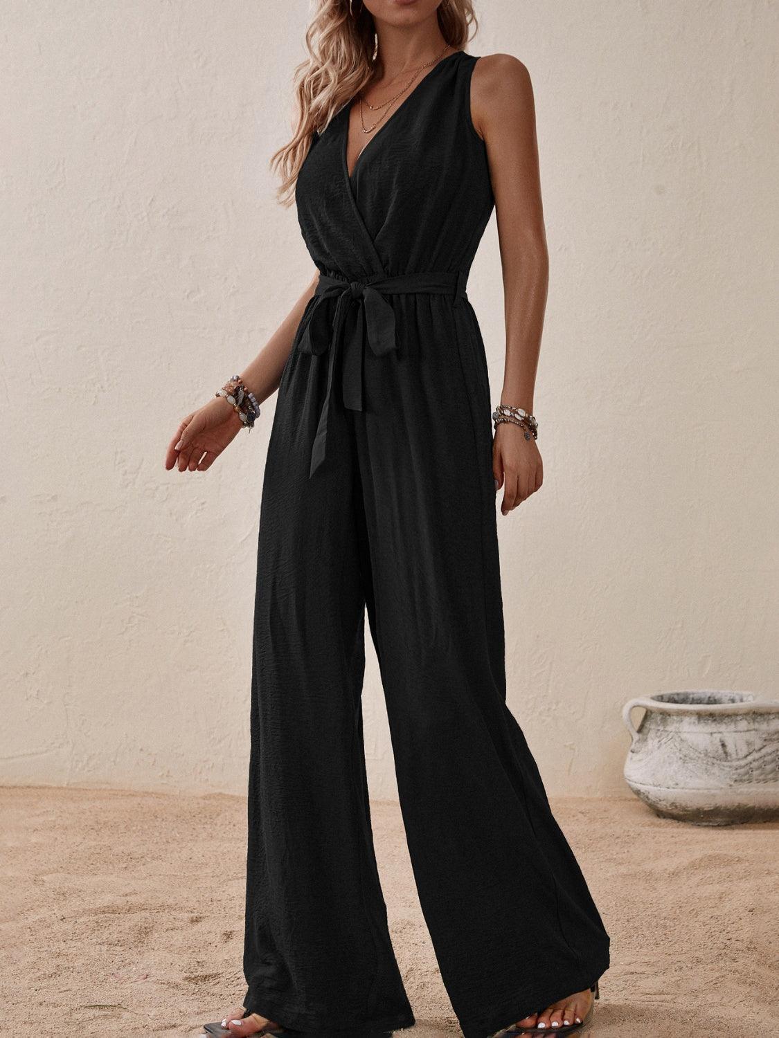 Honey Tied Surplice Sleeveless Wide Leg Jumpsuit - ClubOn