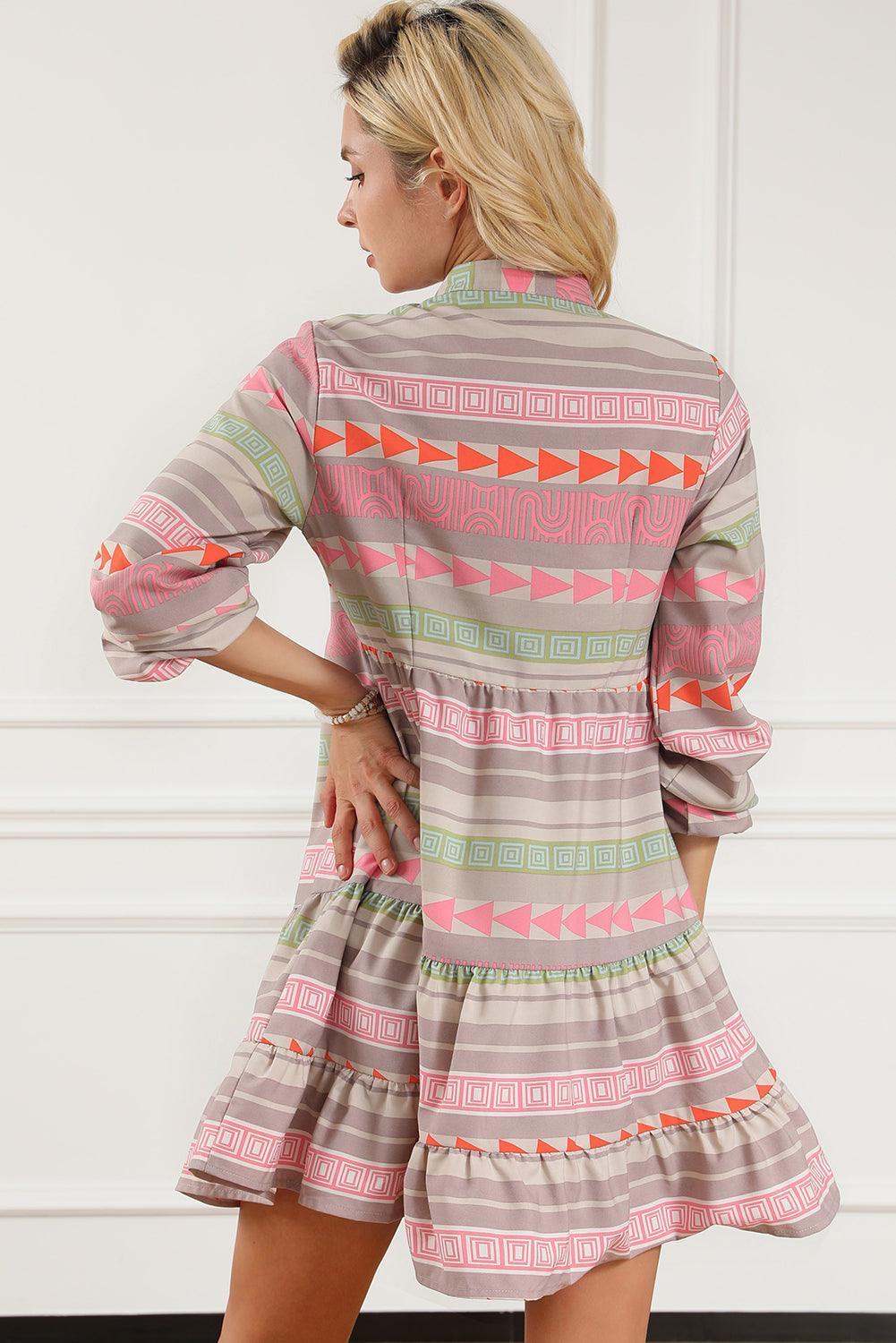 Tiered Notched Balloon Sleeve Buttoned Dress - ClubOn