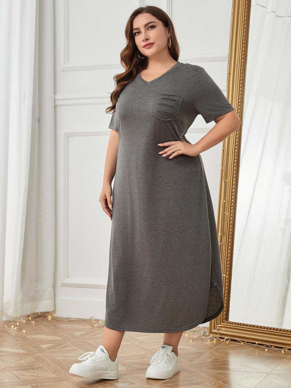 Plus Size Pocketed V-Neck Short Sleeve Lounge Dress - ClubOn