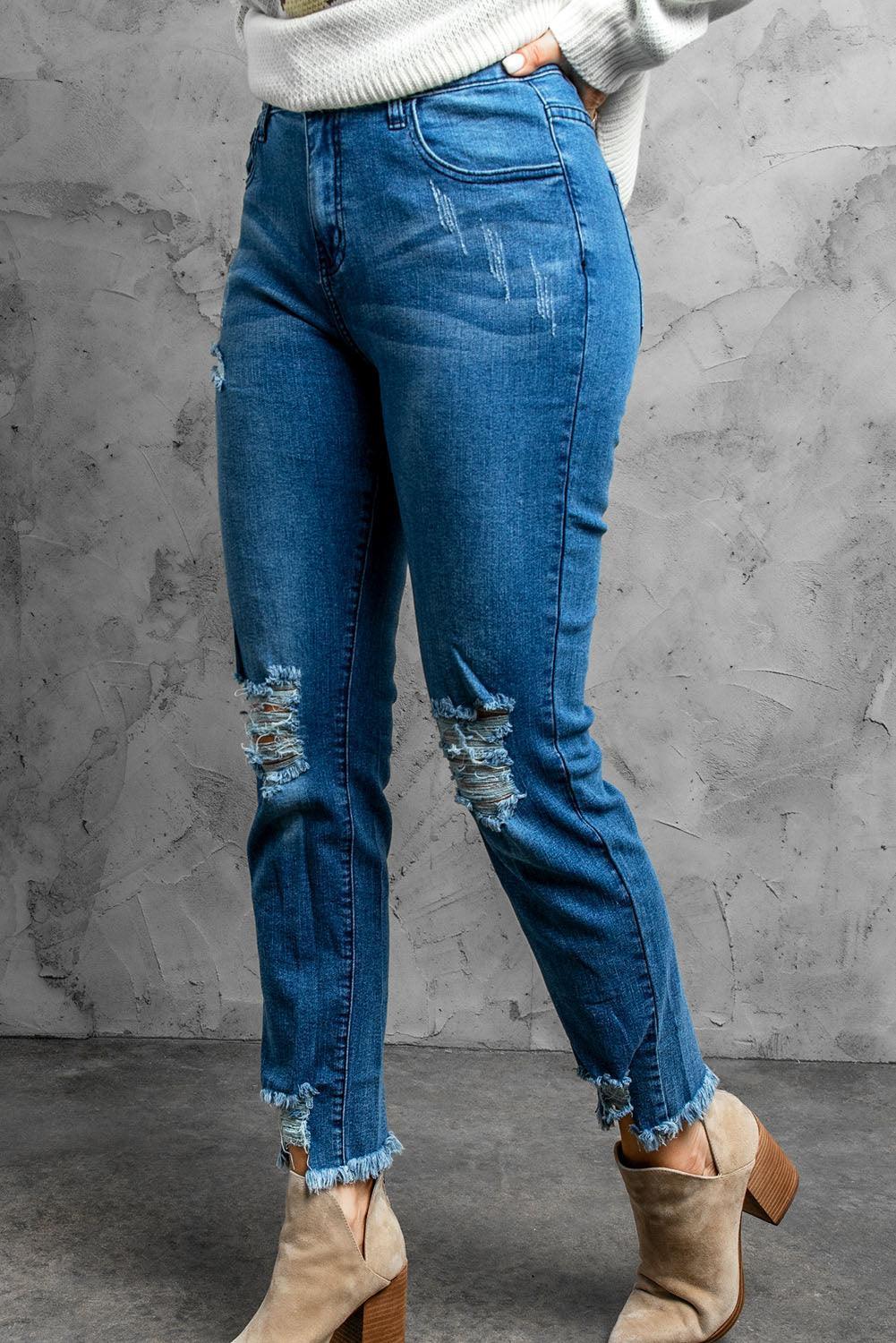 Stylish Distressed Cropped Jeans - ClubOn