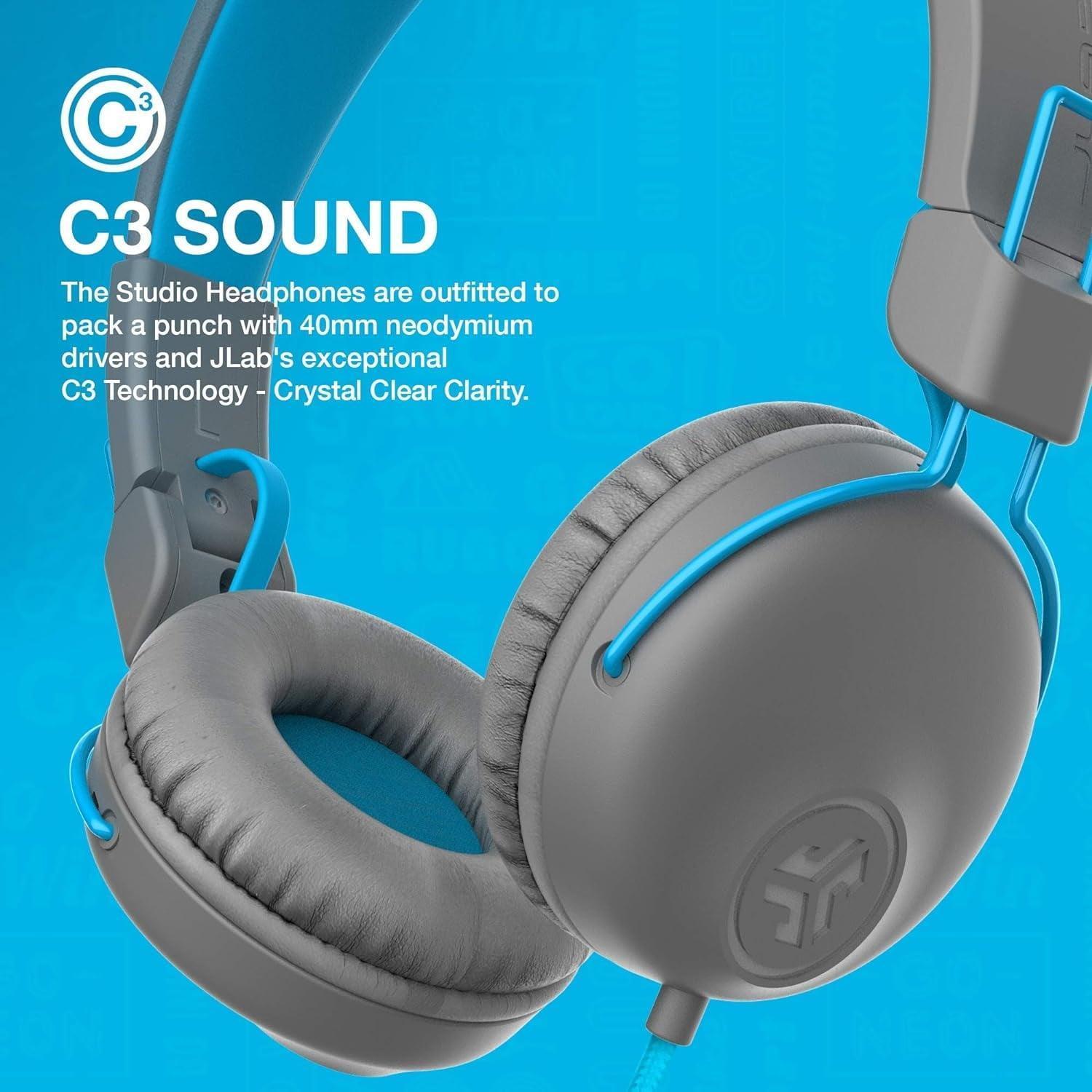 JLab Studio On-Ear Headphones – Wired, Gray/Blue, Tangle-Free Cord, Cloud Foam Cushions, 40mm Drivers, C3 Sound - ClubOn