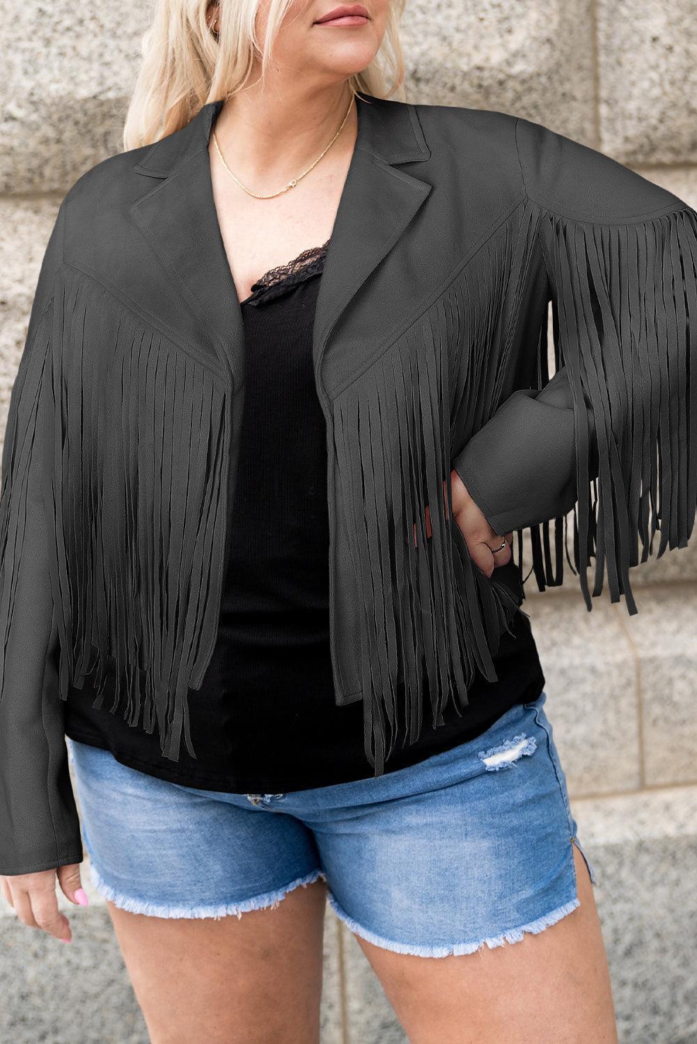 Plus Size Fringe Open Front Jacket - ClubOn