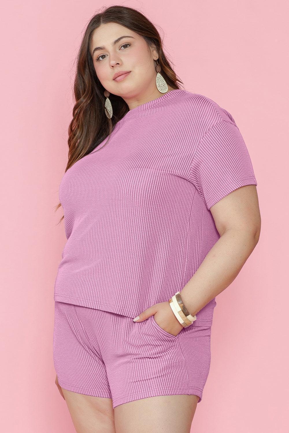 Plus Size Round Neck Short Sleeve Top and Shorts Set - ClubOn
