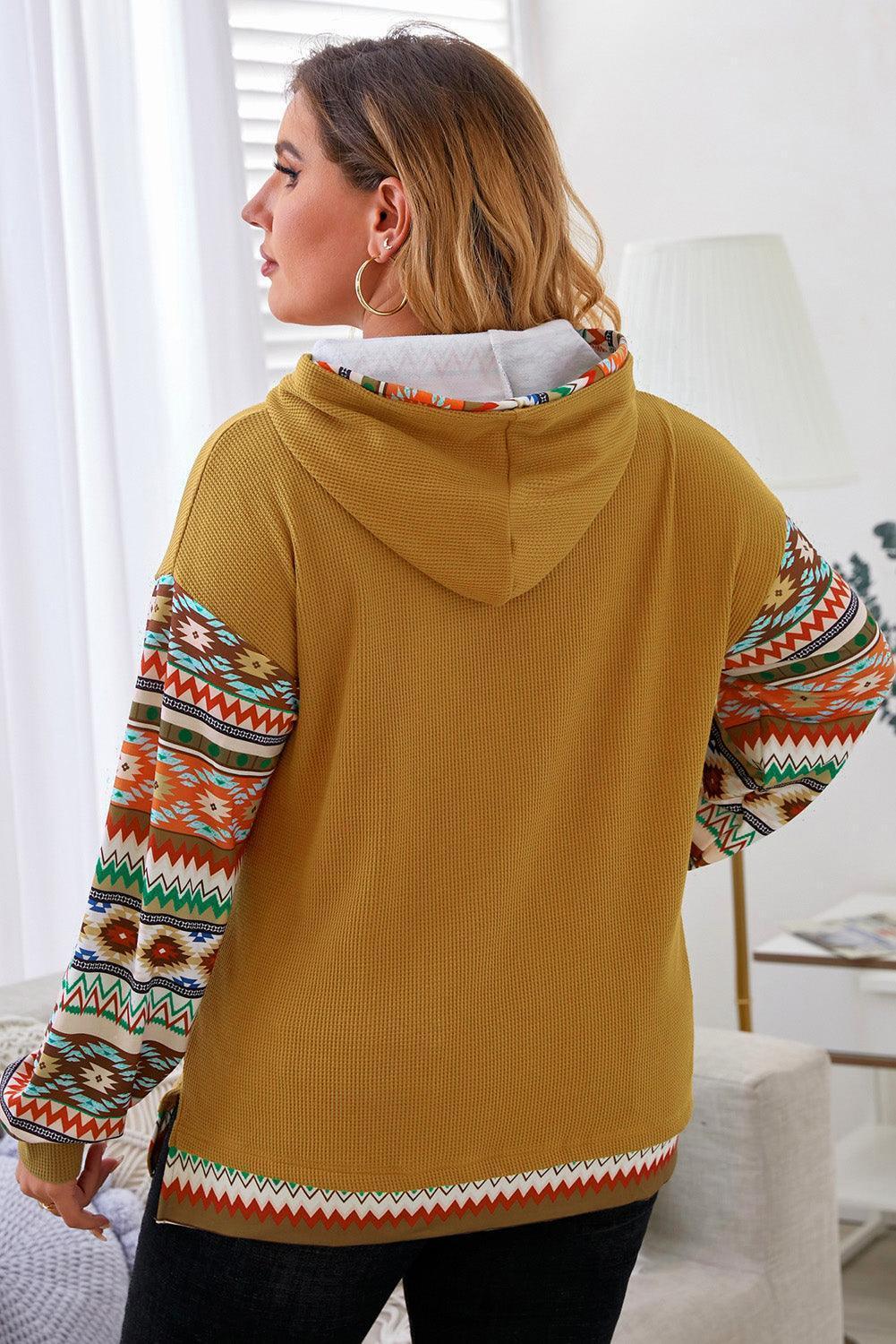 Plus Size Waffle-Knit Geometric Dropped Shoulder Hoodie - ClubOn