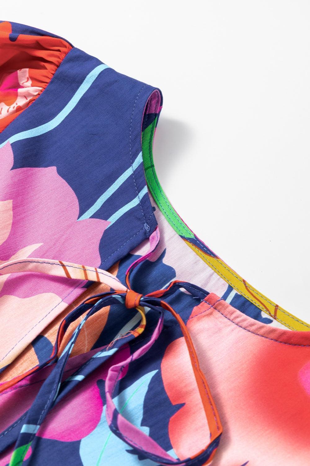 Plus Size Printed Tie Neck Long Sleeve Dress - ClubOn