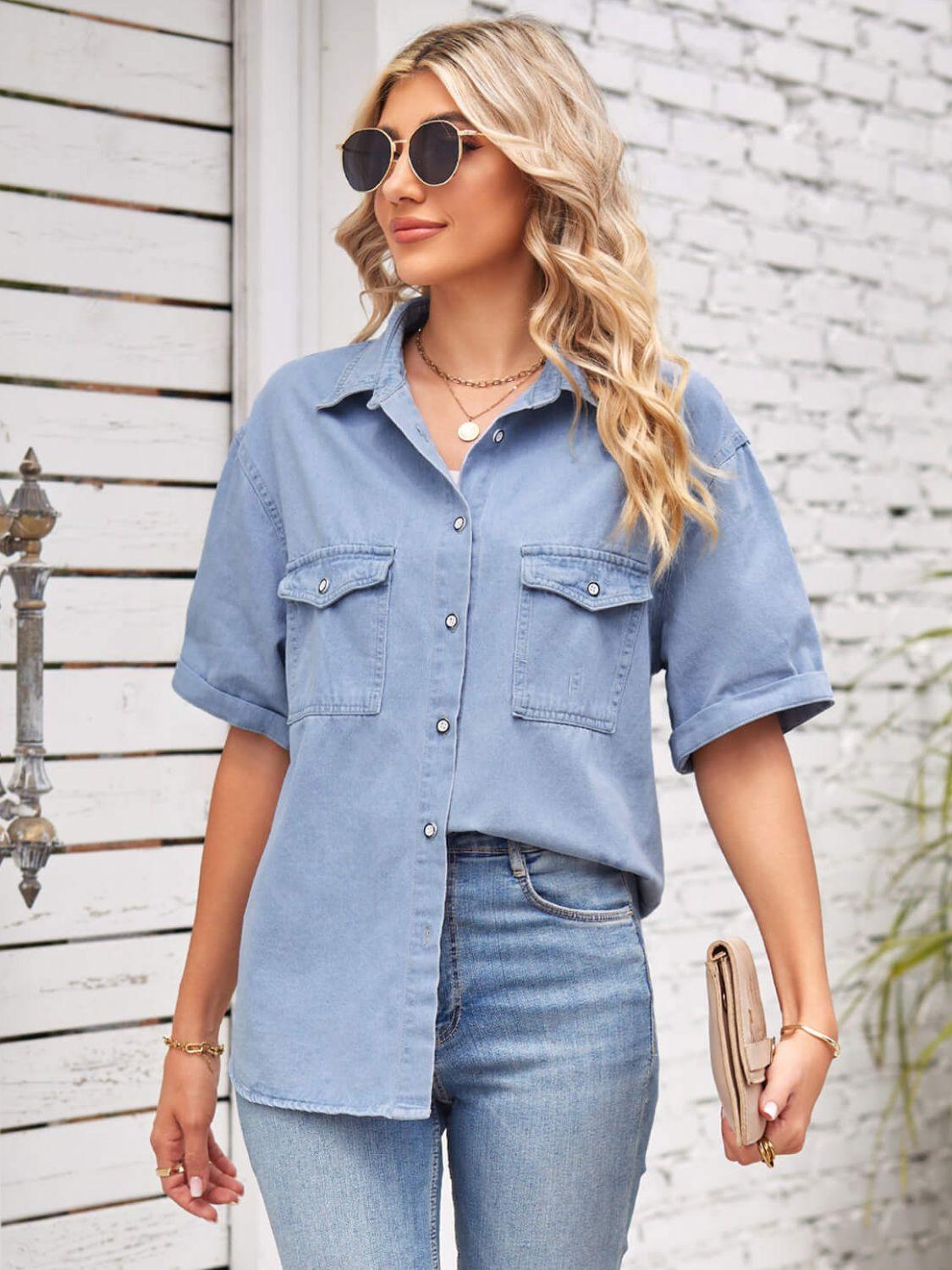 Collared Neck Short Sleeve Denim Jacket - ClubOn