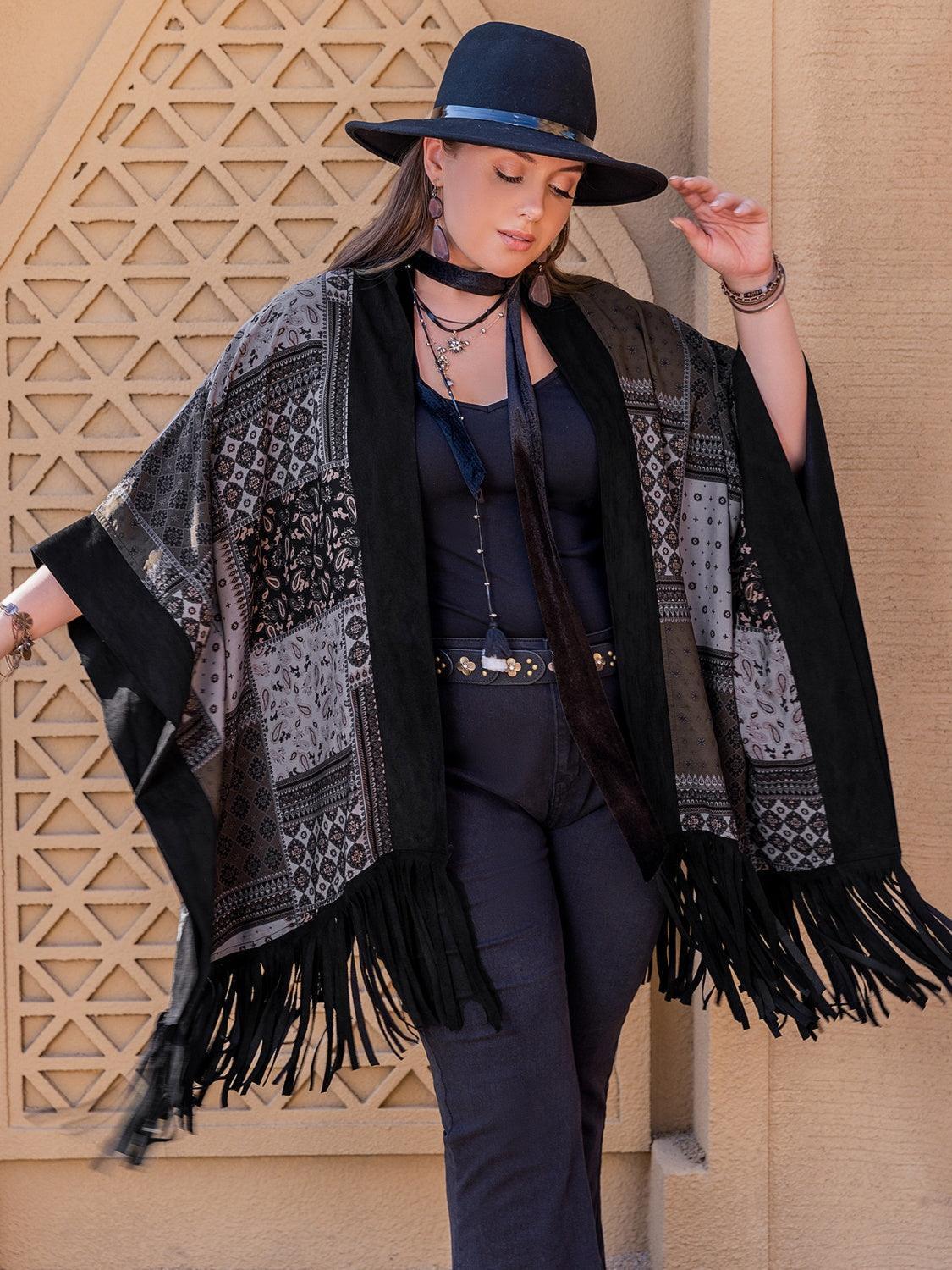 Plus Size Printed Fringe Open Front Outerwear - ClubOn