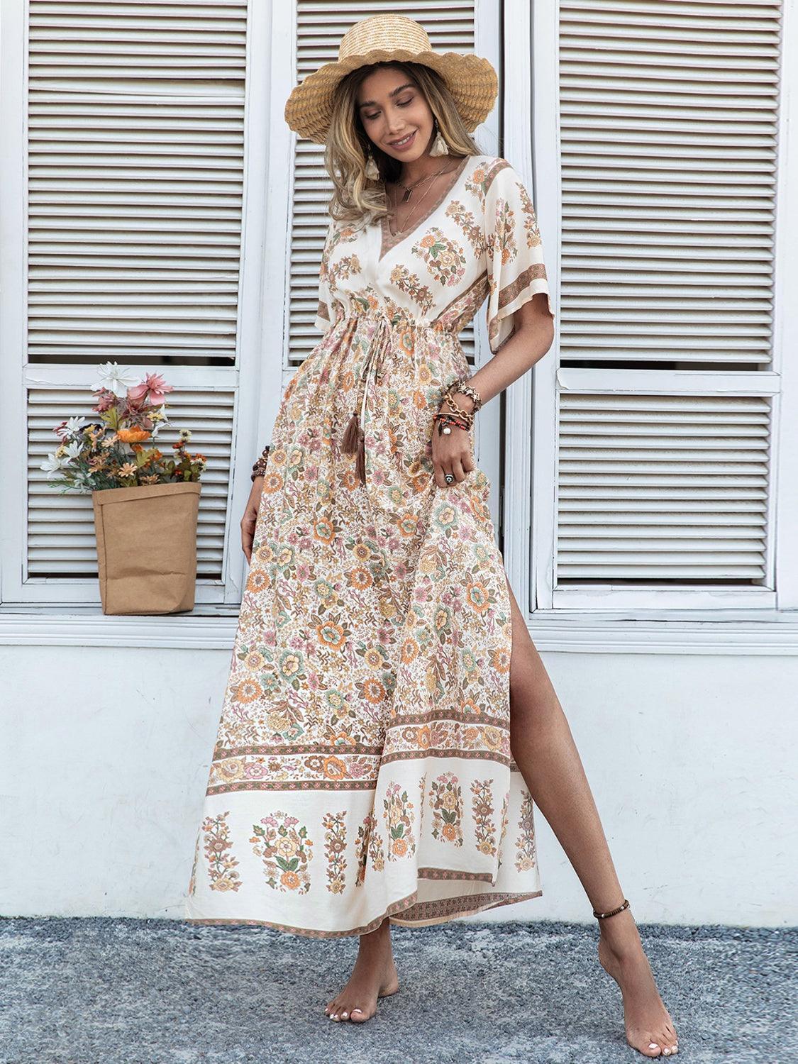 Drawstring Printed Plunge Half Sleeve Dress - ClubOn