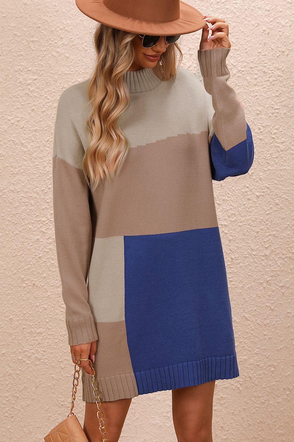 Color Block Mock Neck Dropped Shoulder Sweater Dress - ClubOn
