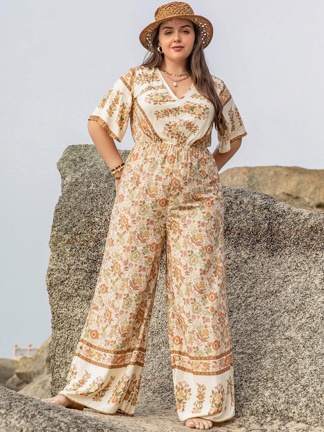 Plus Size V-Neck Flutter Sleeve Wide Leg Jumpsuit - ClubOn