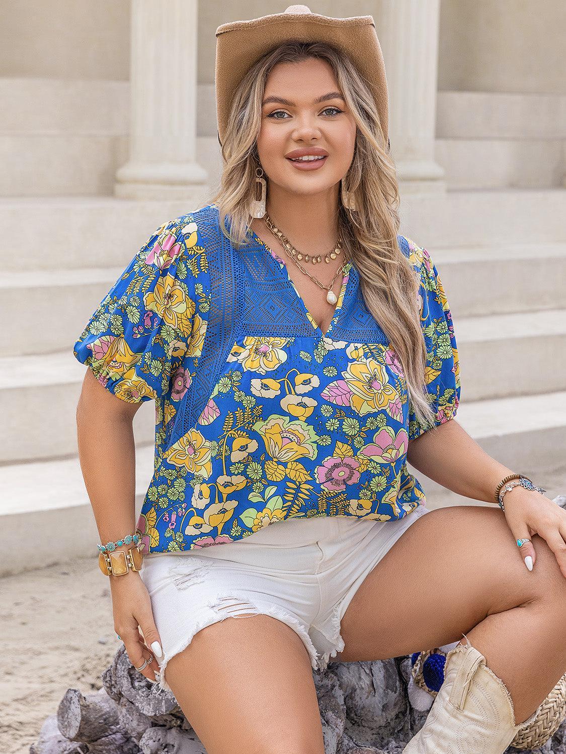 Plus Size Printed Notched Short Sleeve Blouse - ClubOn