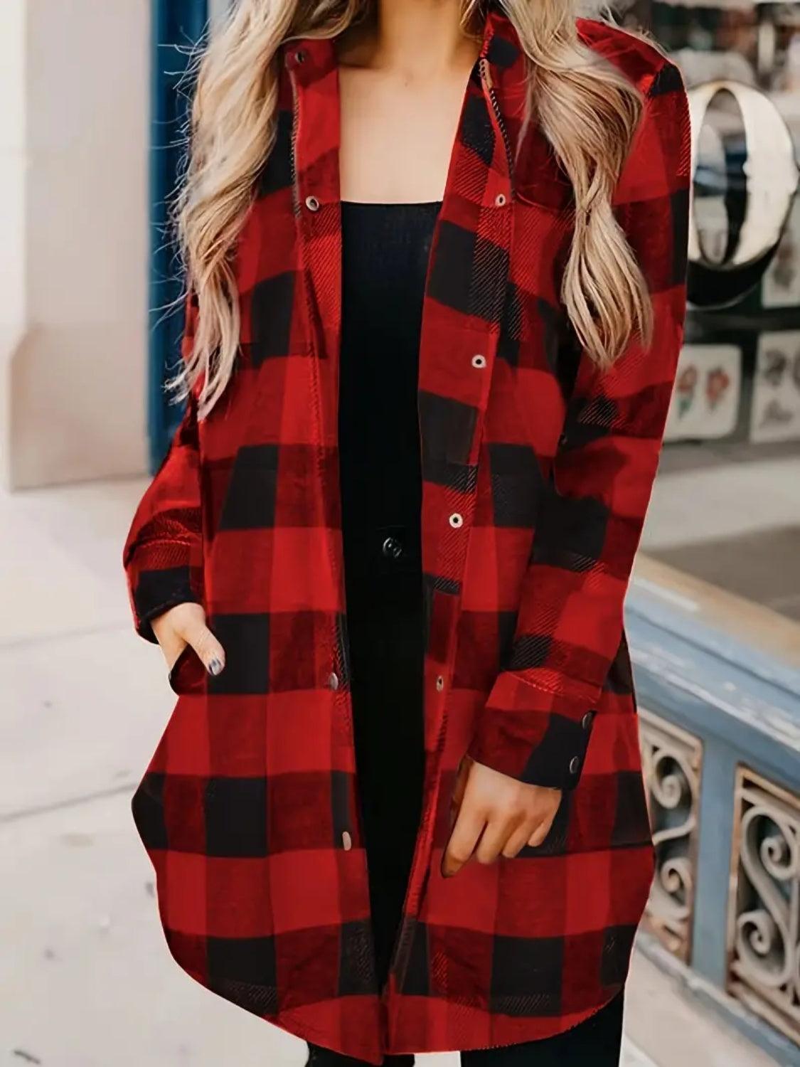 Plaid Collared Neck Snap Down Long Sleeve Jacket - ClubOn