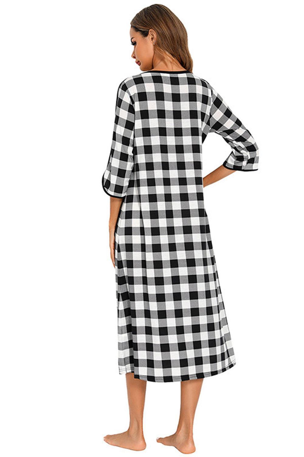 Round Neck Three-Quarter Sleeve Midi Night Dress - ClubOn