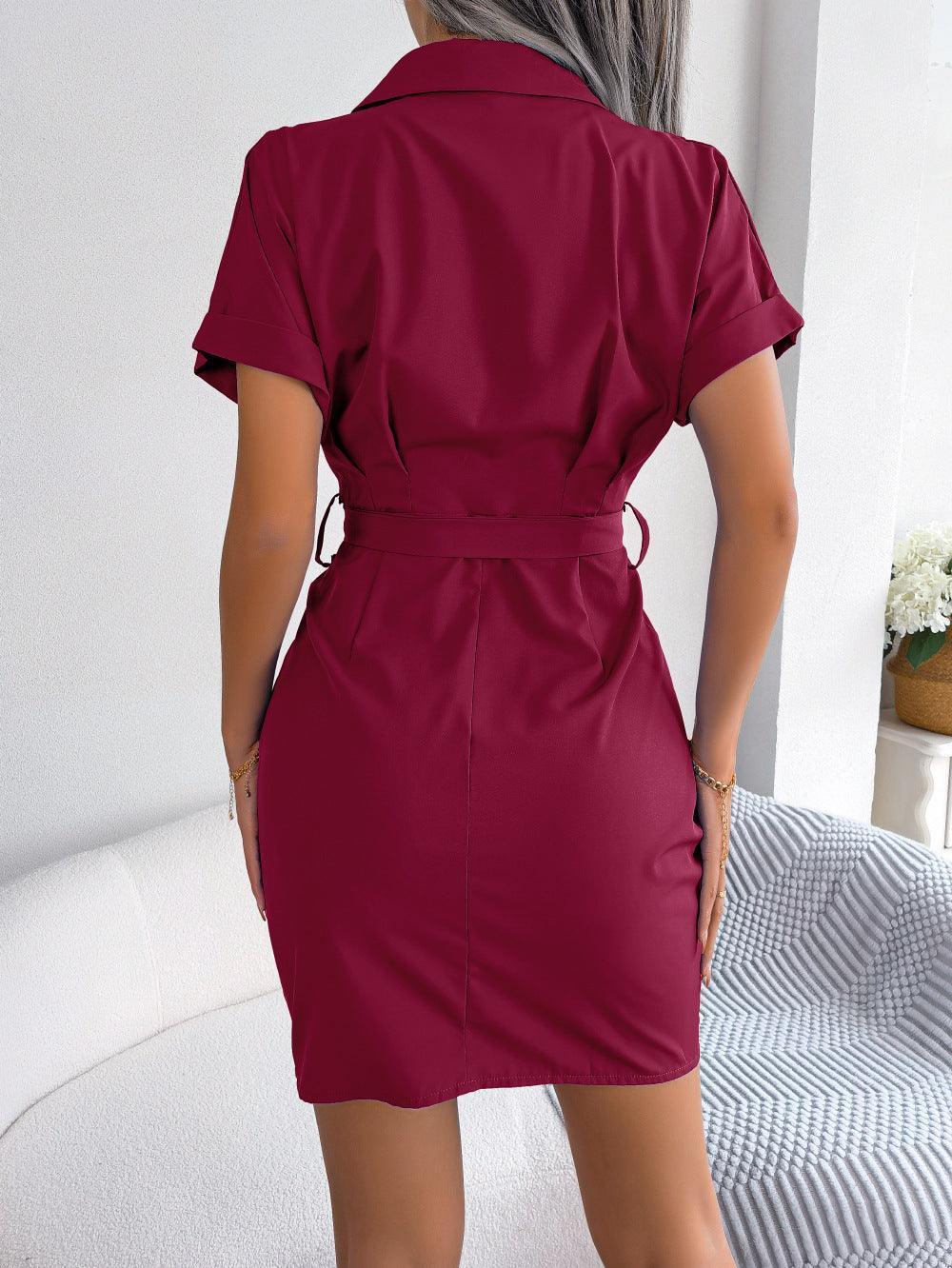 Button Down Ruched Tie Belt Dress - ClubOn