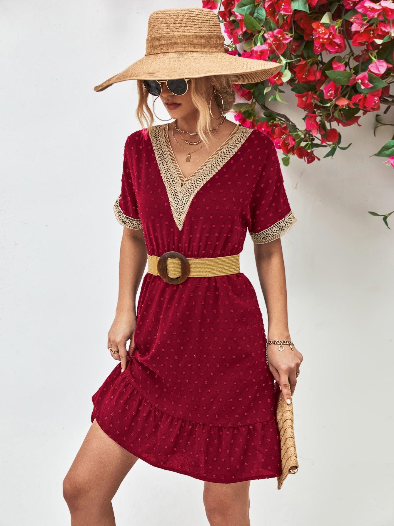 Contrast V-Neck Short Sleeve Mini Dress - ClubOn