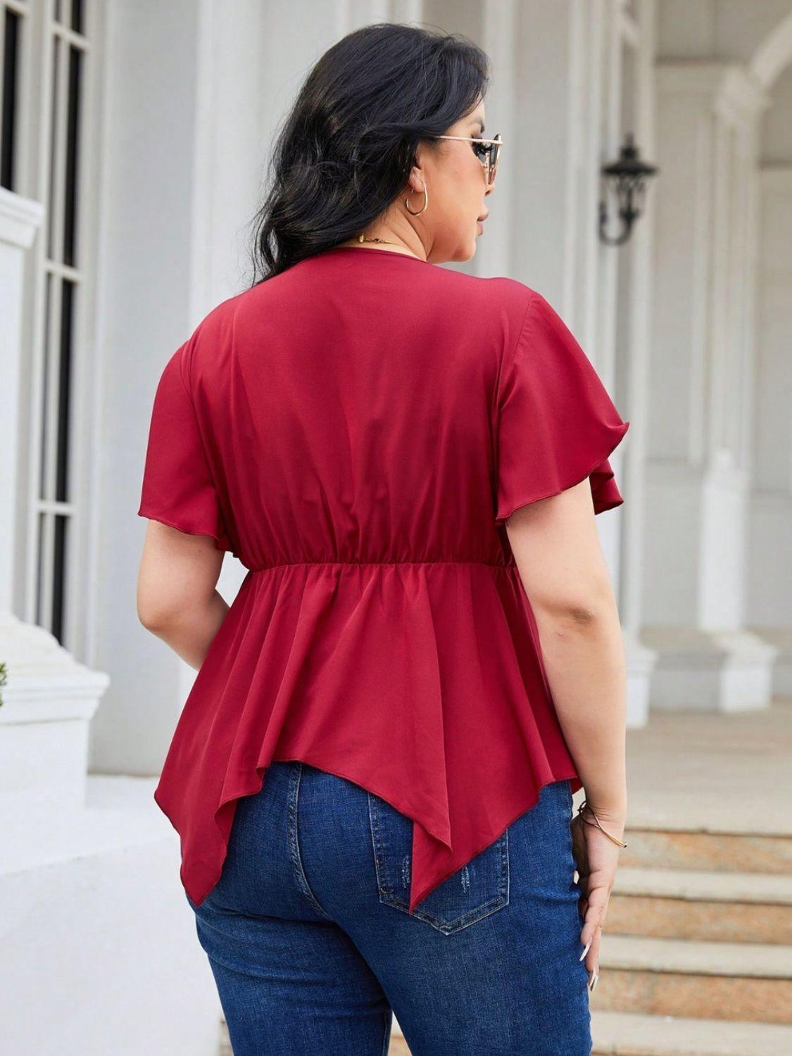 Plus Size Frill Surplice Flutter Sleeve Blouse - ClubOn