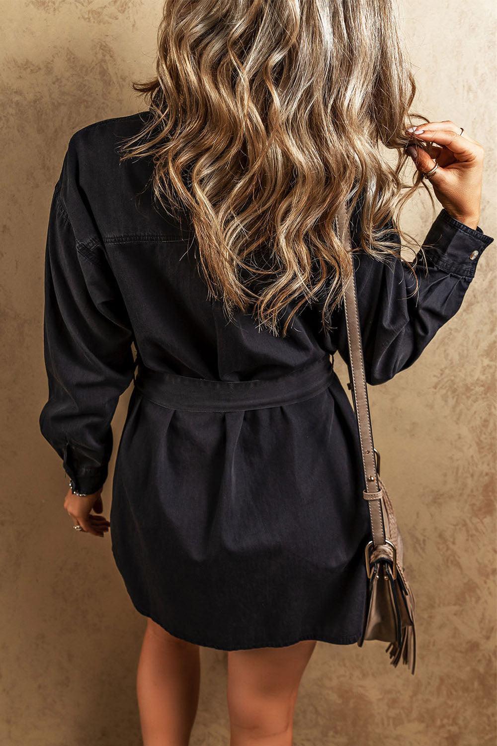 Button Up Collared Neck Denim Dress - ClubOn