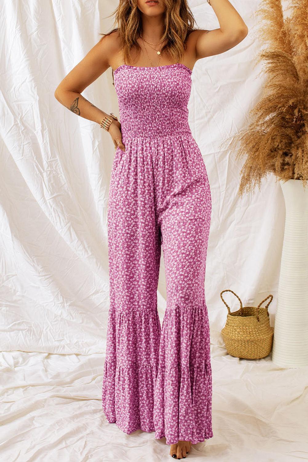 Smocked Printed Wide Strap Jumpsuit - ClubOn