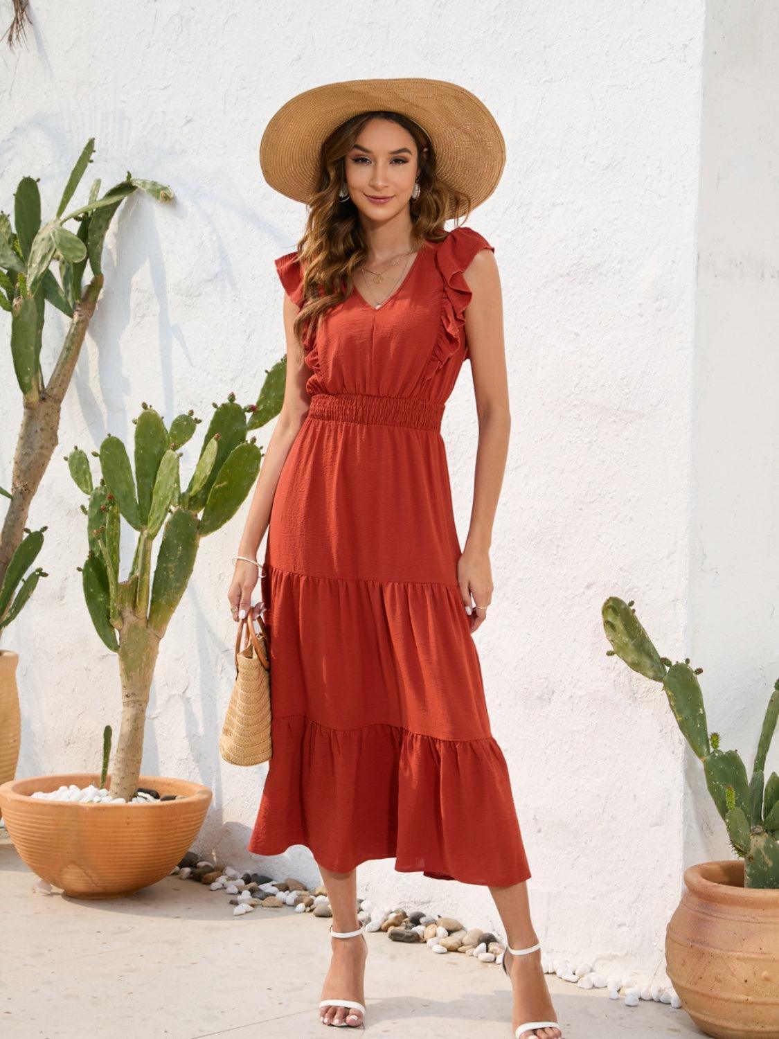 Tiered Ruffled V-Neck Cap Sleeve Dress - ClubOn