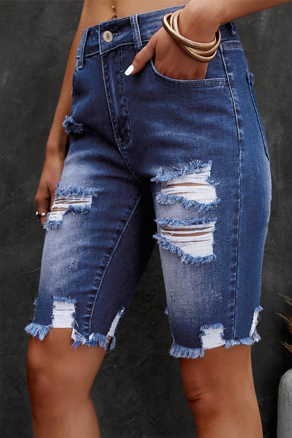 Distressed Frayed Hem Denim Bermuda Shorts - ClubOn